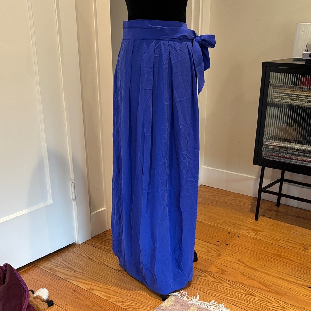 Paper London Royal Blue Silk Maxi Skirt with Tie Waist